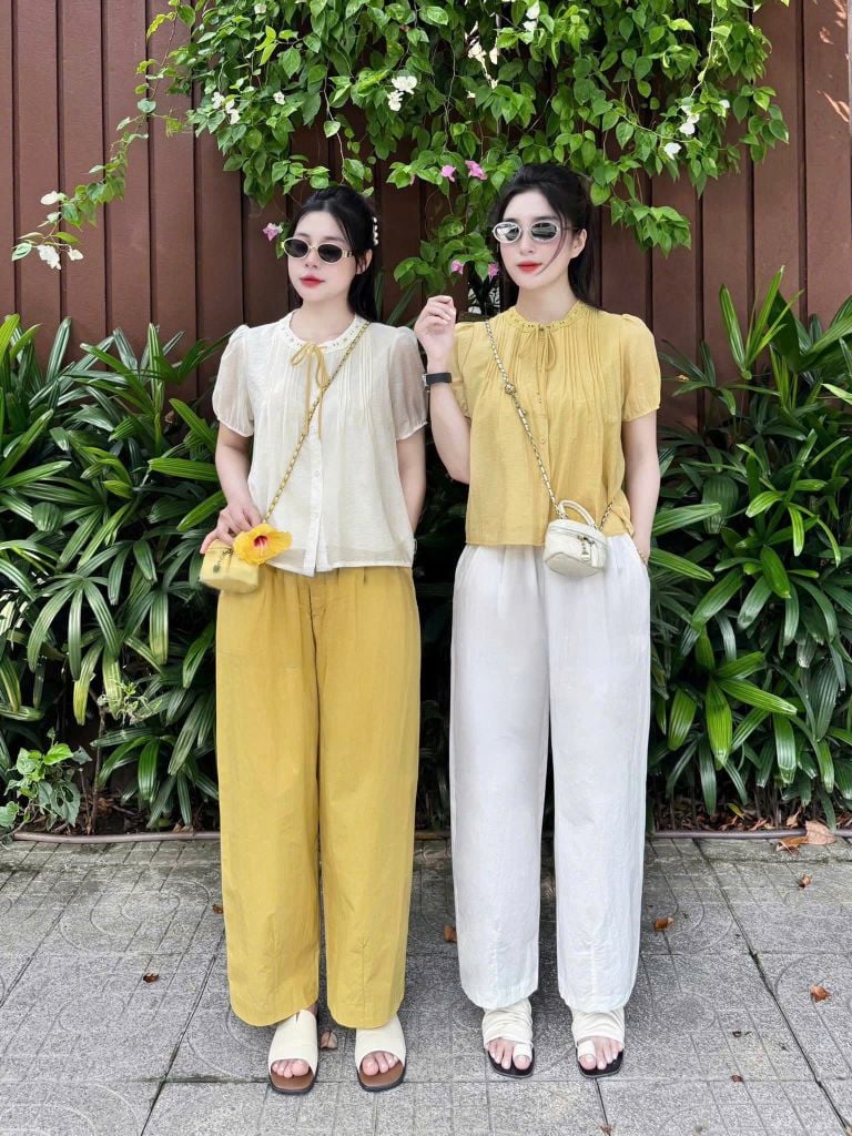 KS0843 Set áo xếp li nơ ngực, Quần dài (áo Vàng - quần Kem)