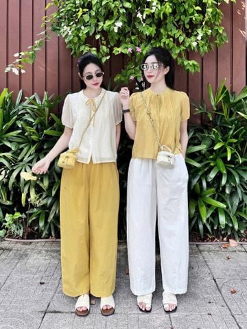 KS0843 Set áo xếp li nơ ngực, Quần dài (áo Vàng - quần Kem)