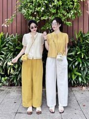 KS0843 Set áo xếp li nơ ngực, Quần dài (áo Vàng - quần Kem)