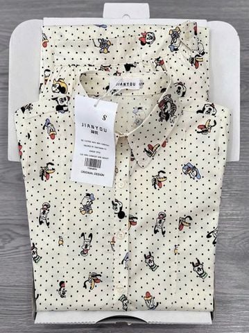 TB8489 SET SƠMI MICKEY CHẤM BI, CV DÀI (KEM)