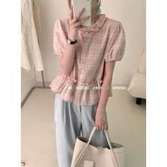 LEN3056 Babydoll caro Hồng viền bèo F314