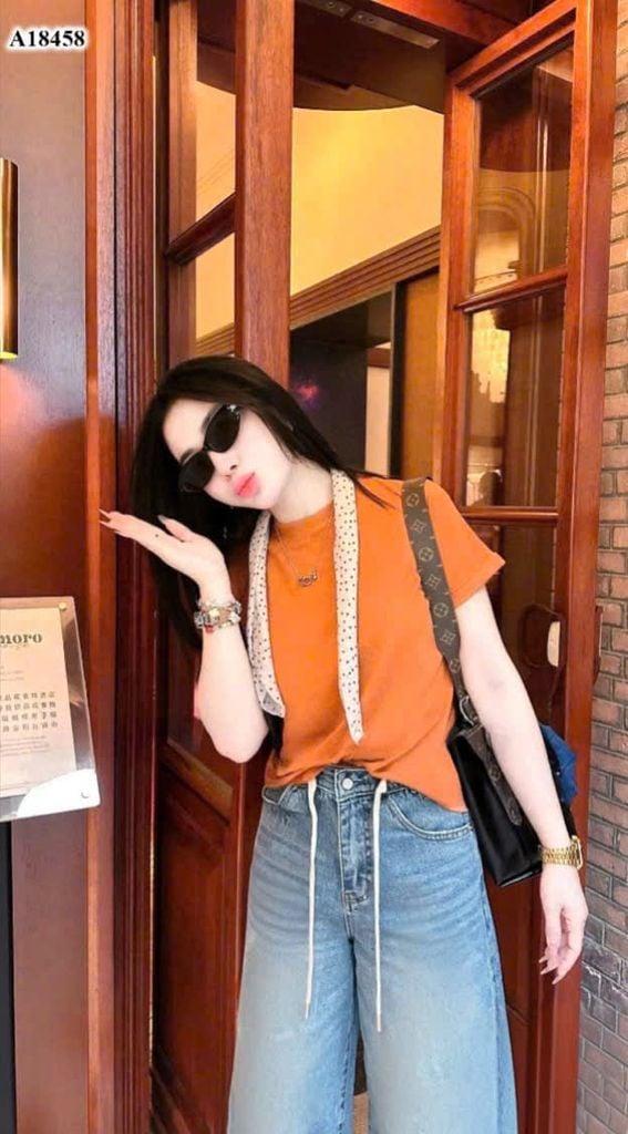 VRA0623 - SET ÁO THUN TRƠN + QUẦN JEAN LỬNG PHỐI DÂY