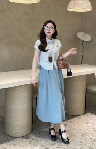 VGU0385 - SET ÁO SƠ MI TRẮNG RÚT DÂY EO - CV JEAN XANH NHẠT