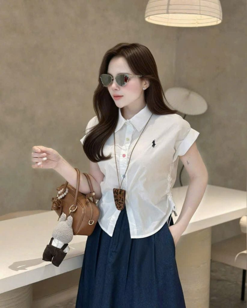 VGU0384 - SET ÁO SƠ MI TRẮNG RÚT DÂY EO - CV JEAN XANH ĐẬM