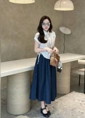 VGU0384 - SET ÁO SƠ MI TRẮNG RÚT DÂY EO - CV JEAN XANH ĐẬM