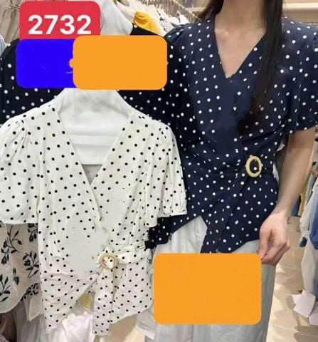 LEN3599 Sơmi chấm bi thắt nơ eo X.đen 2732