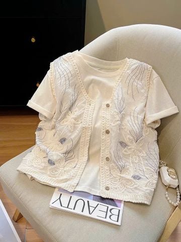 LEN3630 Gile len thêu hoa + áo thun Xanh 8905