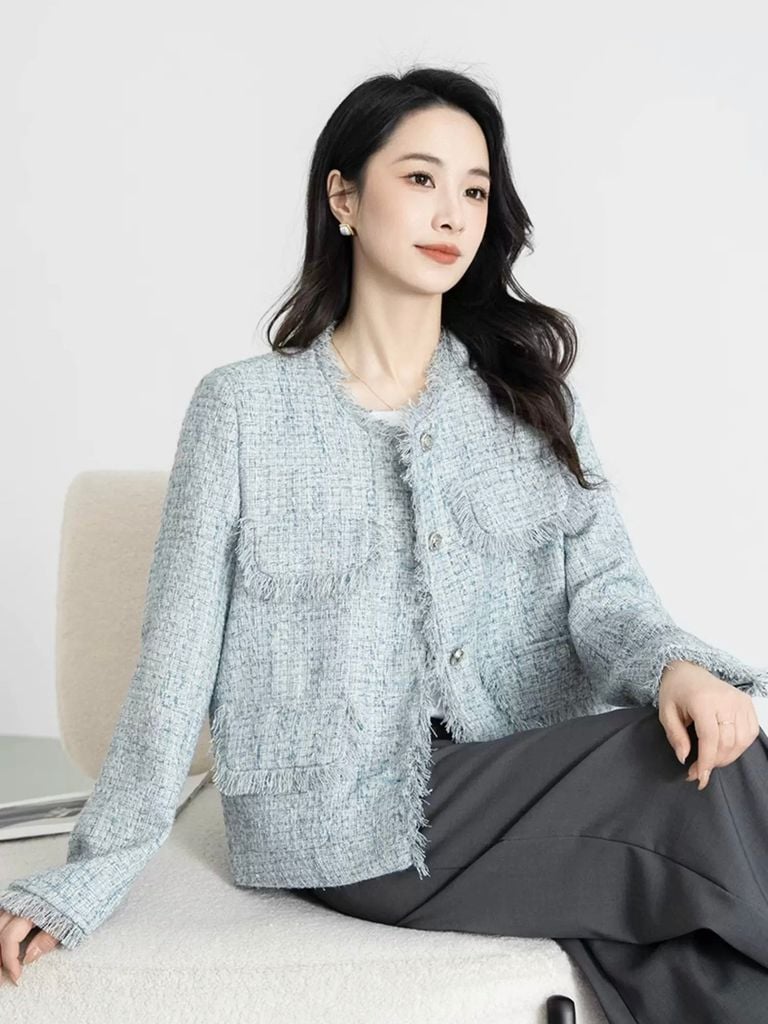 QCC0076 KHOÁC DẠ XANH PHỐI TUA RUA