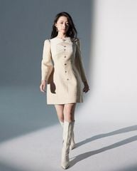 TB1854 Đầm dạ tweed khoét ngực Kem vàng A66