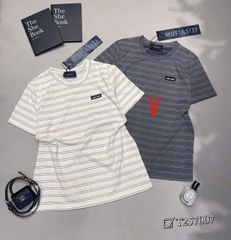LEN1624-Áo thun kẻ đính logo miu miu Xám