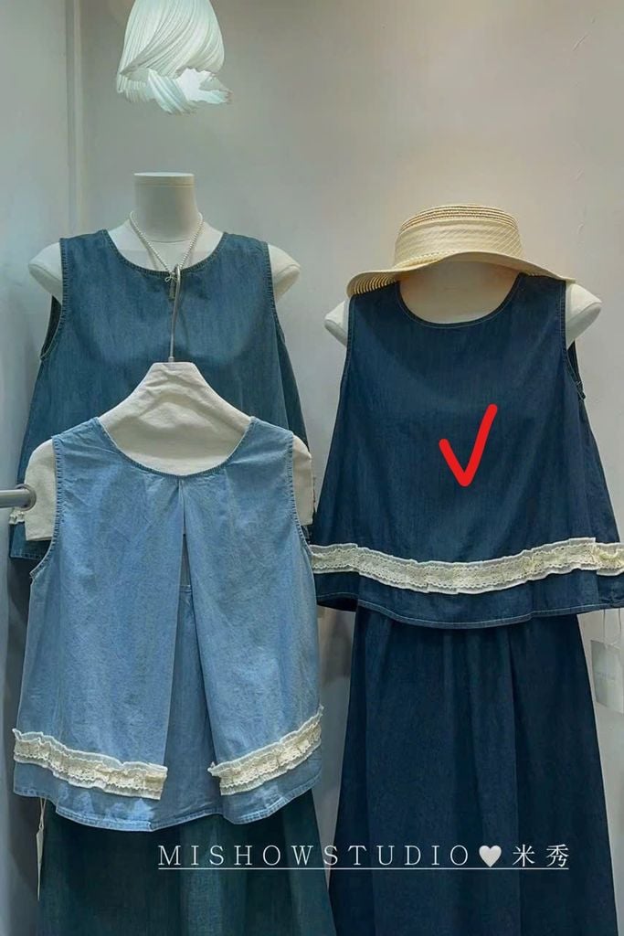 LEN3426-Áo jean sat nách phối viền ren Xanh Đậm