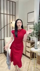 VGU9126 ĐẦM ĐỎ LỆCH VAI TK NHẤN EO