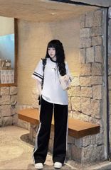 VRA0454-Set thể thao áo thun Trắng, quần dài Đen