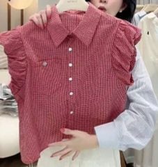 LEN2362 SƠMI TAY BÈO TÚI ĐÍNH TAG (XANH)