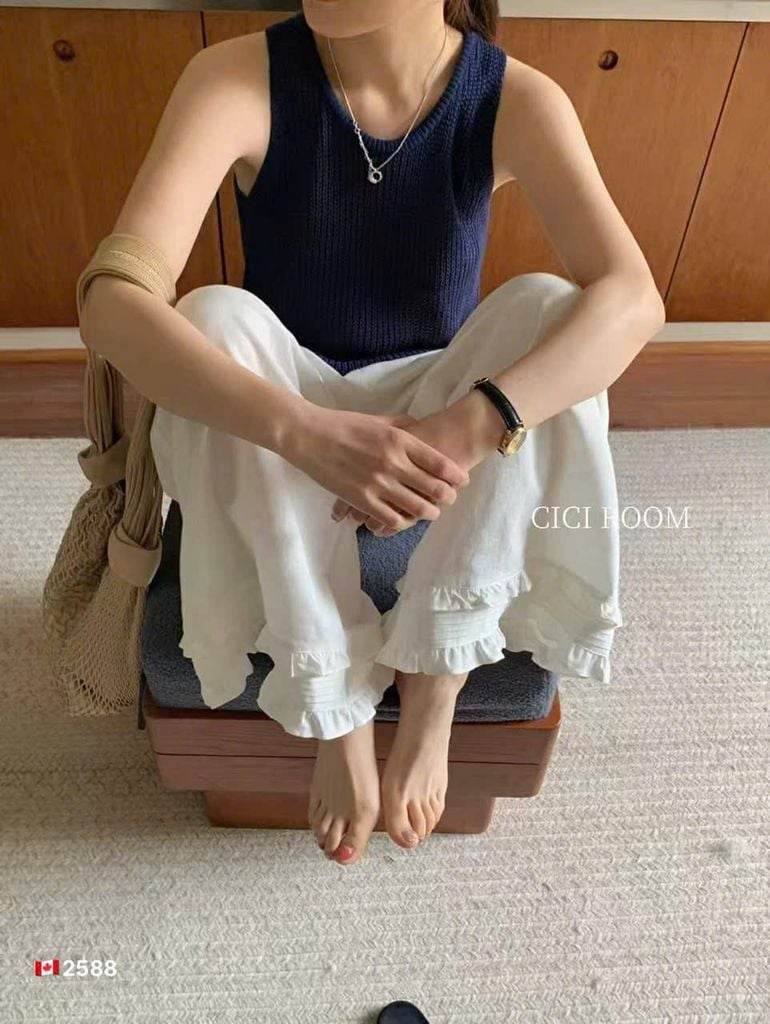 LEN2558-Quần Jean suông ống nhúng bèo Trắng