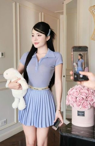 NCE0327 - Set áo cổ polo, CV xếp ly Xanh