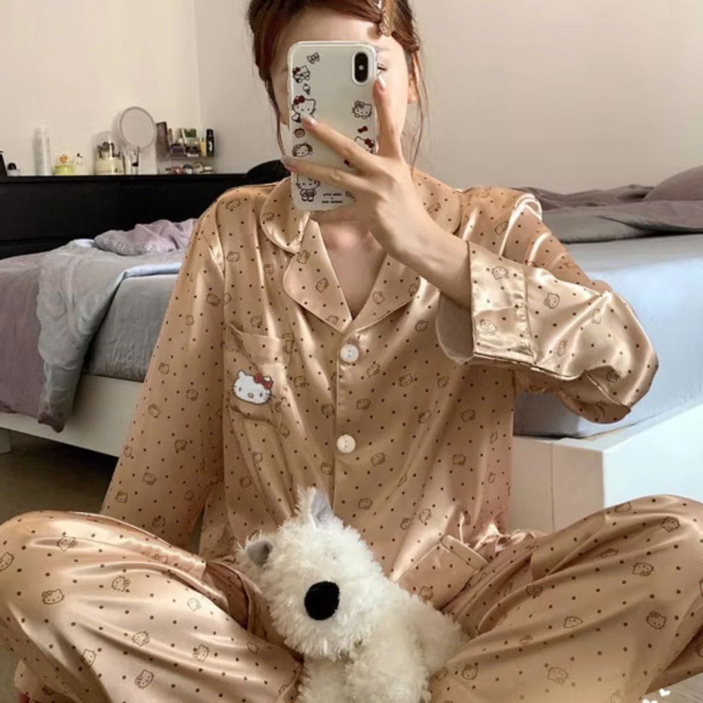 VGU7870 - Bộ Pijama lụa họa tiết mèo kitty E39