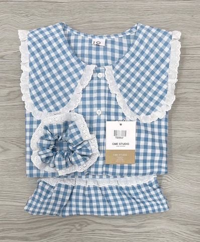 TQ3655-Set pijama áo tay bo thun + quần caro Xanh (kèm dây buộc tóc)