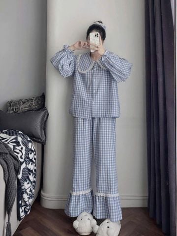 TQ3655-Set pijama áo tay bo thun + quần caro Xanh (kèm dây buộc tóc)