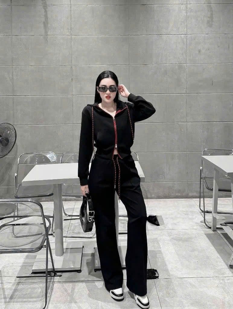 TB7147- Set QC áo khoác khóa 2 chiều, quần suông Đen CC