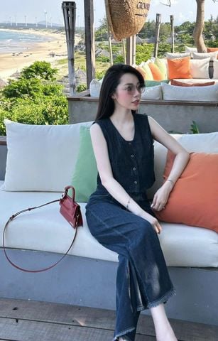 TB7156-Set Jean áo gile phối túi, quần suông lai tua rua CC (X.Đậm)