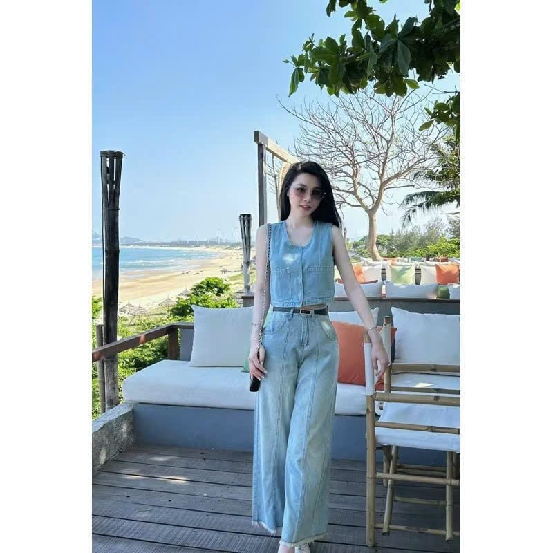 TB7156-Set Jean áo gile phối túi, quần suông lai tua rua CC (X.Đậm)