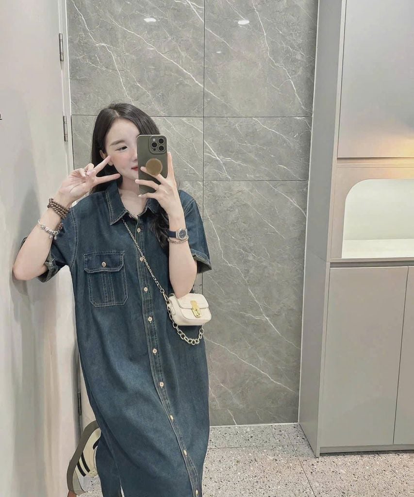 TB7265- Đầm sơ mi Jean phối túi  QC CC Xanh Đậm