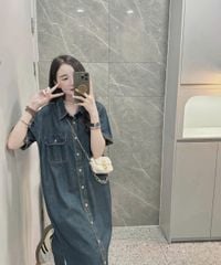 TB7265- Đầm sơ mi Jean phối túi  QC CC Xanh Đậm