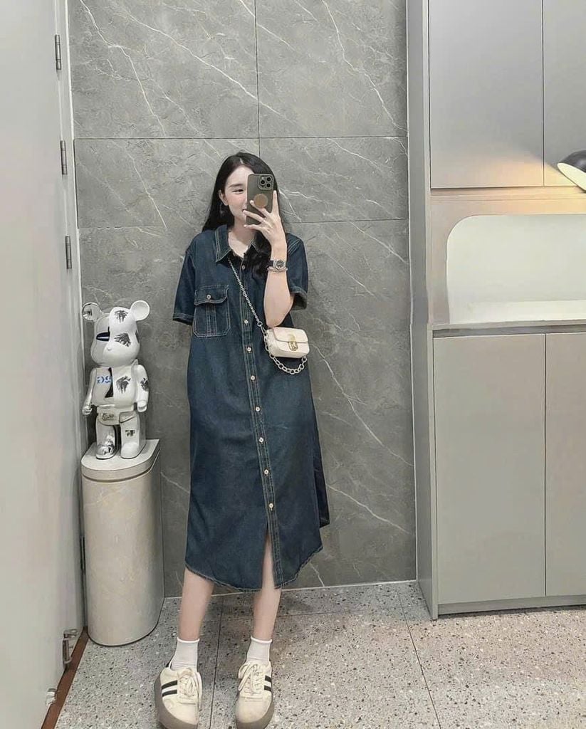 TB7265- Đầm sơ mi Jean phối túi  QC CC Xanh Đậm