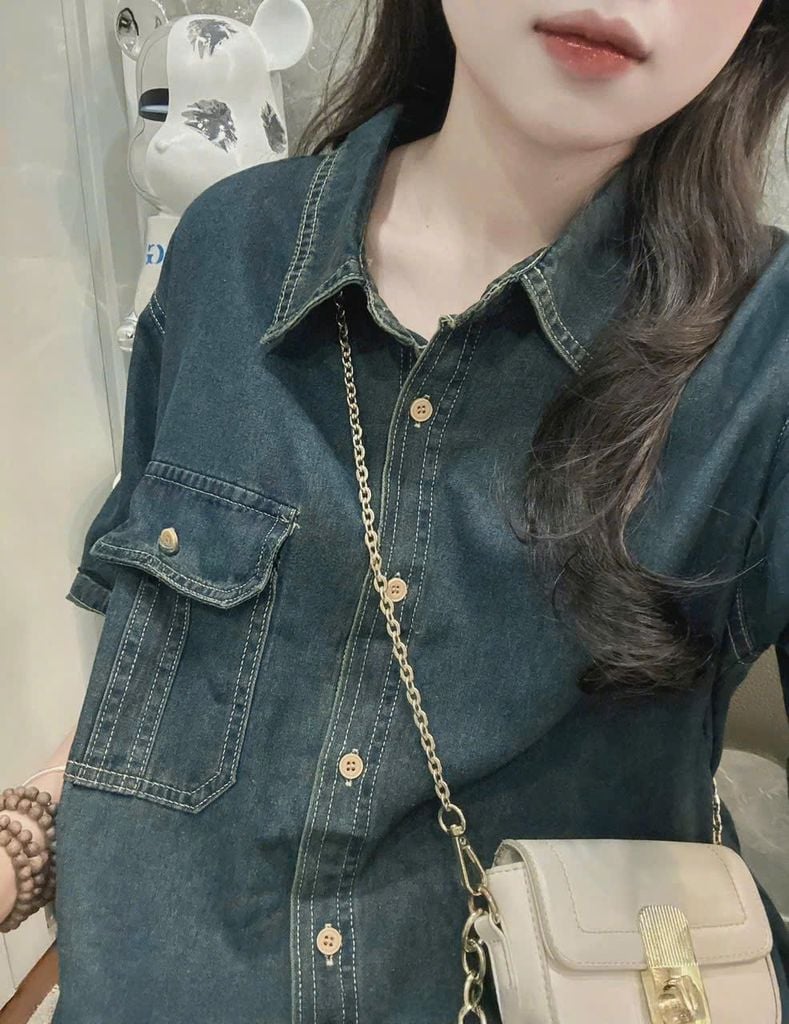 TB7265- Đầm sơ mi Jean phối túi  QC CC Xanh Đậm