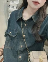 TB7265- Đầm sơ mi Jean phối túi  QC CC Xanh Đậm