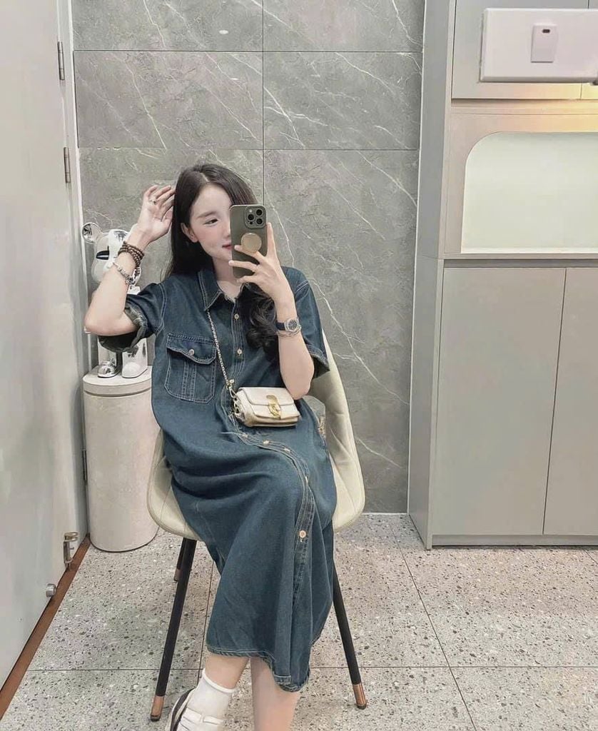 TB7265- Đầm sơ mi Jean phối túi  QC CC Xanh Đậm