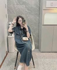 TB7265- Đầm sơ mi Jean phối túi  QC CC Xanh Đậm