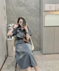 TB7238- Đầm jean dài  phối túi kèm nịt CC