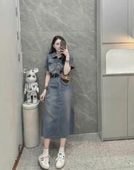 TB7238- Đầm jean dài  phối túi kèm nịt CC