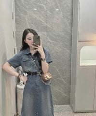 TB7238- Đầm jean dài  phối túi kèm nịt CC