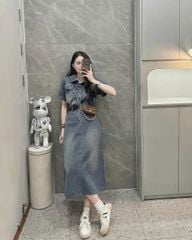 TB7238- Đầm jean dài  phối túi kèm nịt CC
