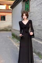 VRA0221 - Đầm body cổ bèo eo đính hoa Đen