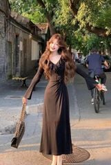 VRA0221 - Đầm body cổ bèo eo đính hoa Đen