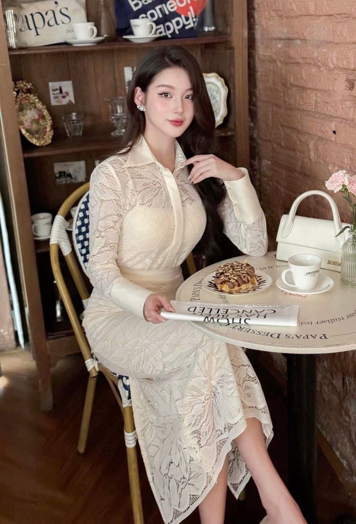 VRA0309 SET SƠMI REN HOA, CV DÀI KEM