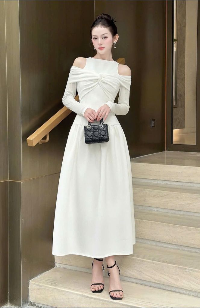 VRA0292 ĐẦM TK HỞ VAI TAY DÀI (TRẮNG)