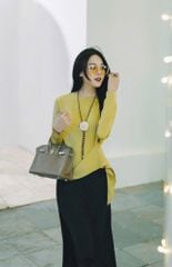 VGU8958 SET ÁO LỤA NHẤN EO, CV ĐUÔI CÁ (VÀNG)