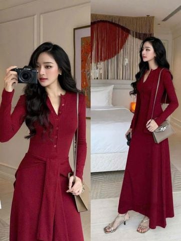 VGU9004- Đầm body tay dài + khăn choàng Đỏ