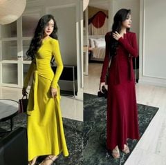 VGU9004- Đầm body tay dài + khăn choàng Đỏ