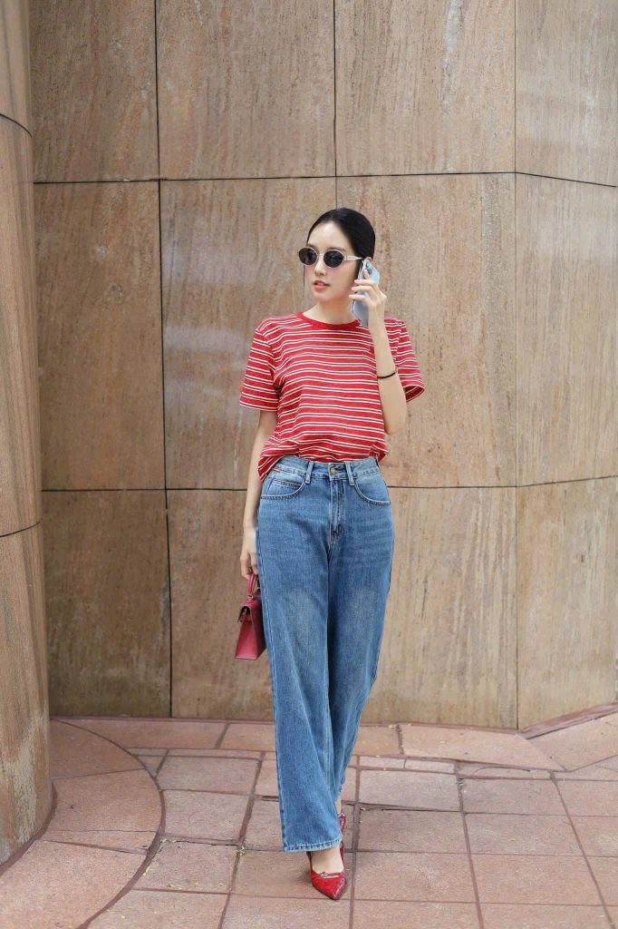 VGU9029-Áo thun tay ngắn sọc Đỏ