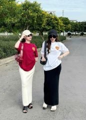 VRA0327-Set QC áo thun đỏ in tim, CV dài Kem