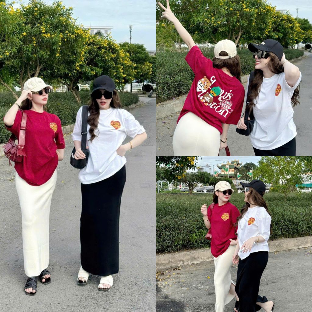 VRA0327-Set QC áo thun đỏ in tim, CV dài Kem