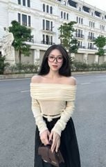 VGU8987-Set áo bệt vai, CV dài Đen ( áo Kem - kèm dây hoa cột eo)