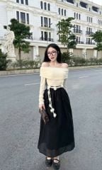 VGU8987-Set áo bệt vai, CV dài Đen ( áo Kem - kèm dây hoa cột eo)