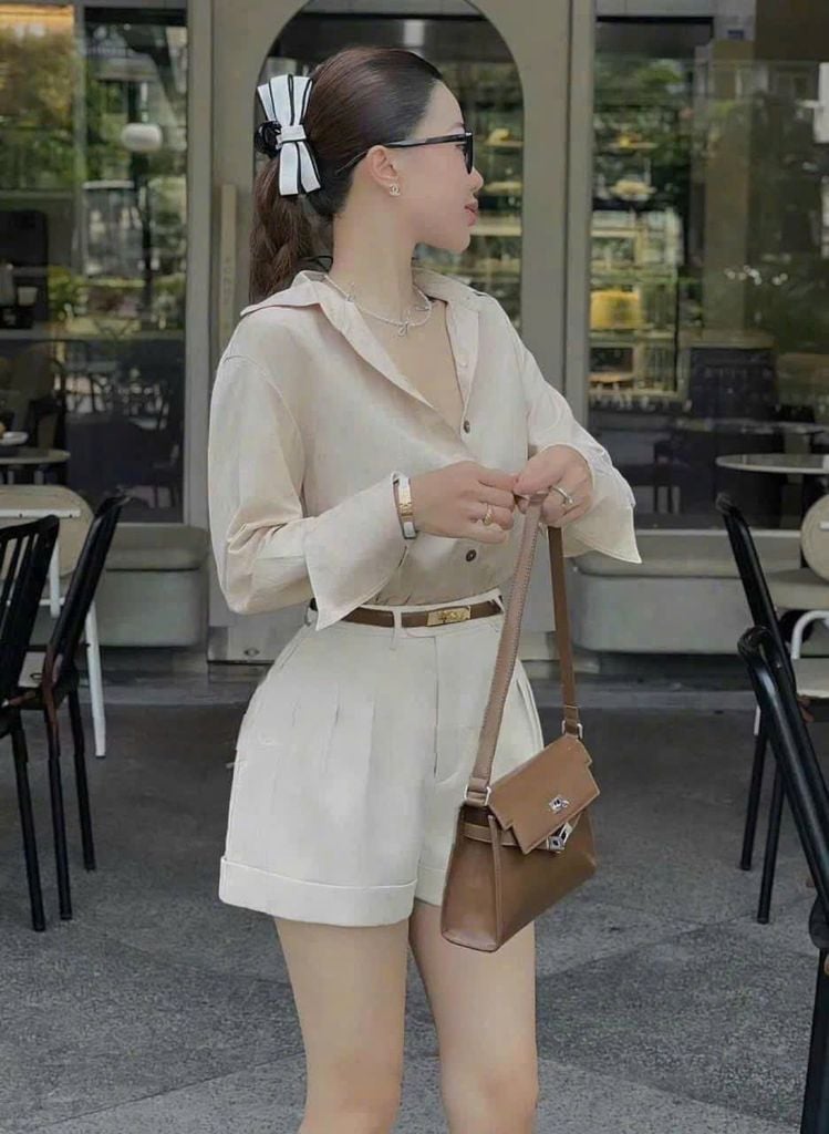 VGU9037 - Set Sơ Mi, Quần Short Full Kem ( ko kèm nịt)